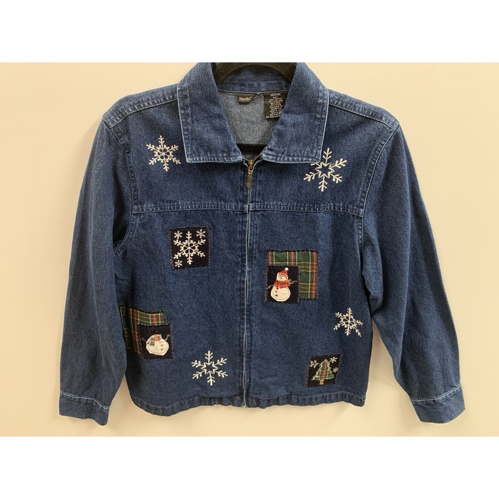 Vintage Northcrest Denim Jacket Medium Holiday‎ Snowman Embroidered Christmas